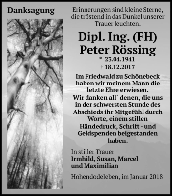Traueranzeige von Peter Rössing  von Magdeburger Volksstimme