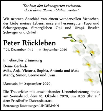 Traueranzeige von Peter Rückleben  von Magdeburger Volksstimme