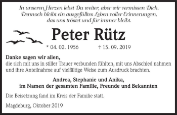 Traueranzeige von Peter Rütz  von Magdeburger Volksstimme