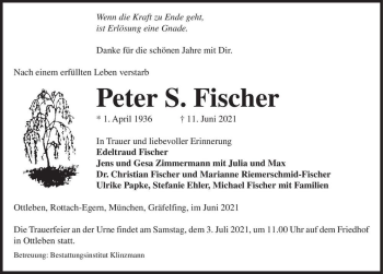 Traueranzeige von Peter S. Fischer  von Magdeburger Volksstimme