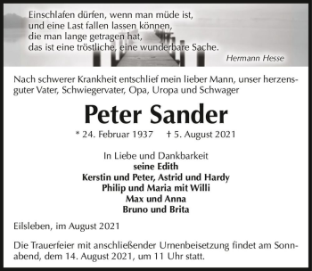 Traueranzeige von Peter Sander  von Magdeburger Volksstimme