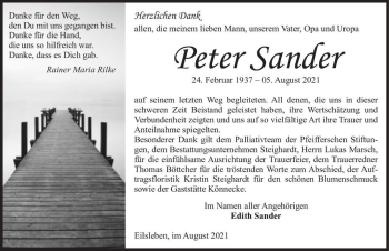 Traueranzeige von Peter Sander  von Magdeburger Volksstimme