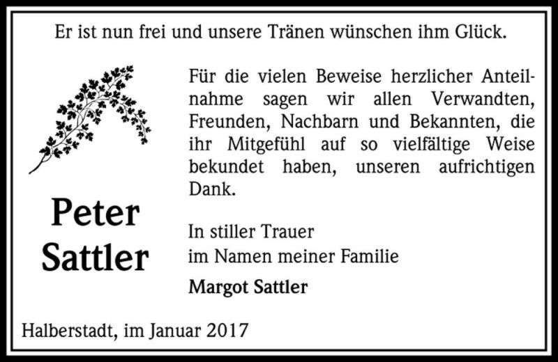  Traueranzeige für Peter Sattler  vom 04.02.2017 aus Magdeburger Volksstimme