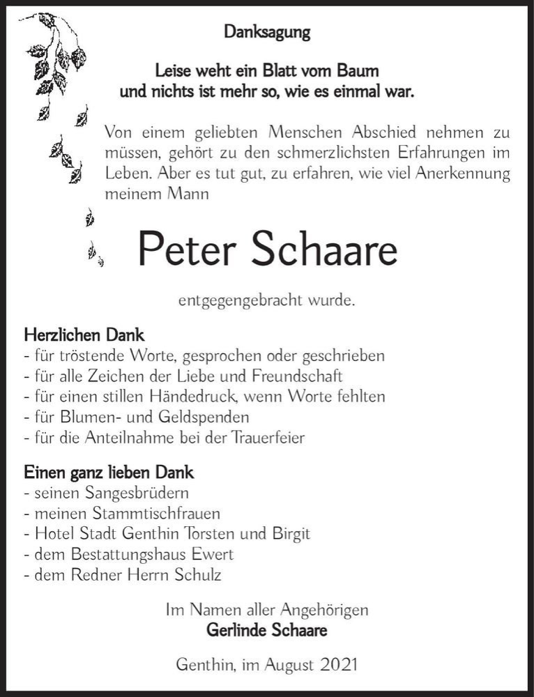  Traueranzeige für Peter Schaare  vom 14.08.2021 aus Magdeburger Volksstimme