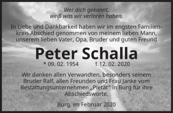 Traueranzeige von Peter Schalla  von Magdeburger Volksstimme