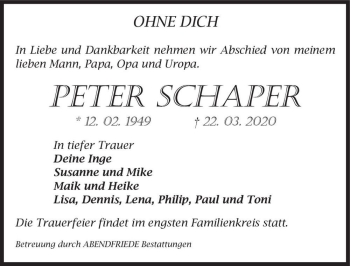 Traueranzeige von Peter Schaper  von Magdeburger Volksstimme