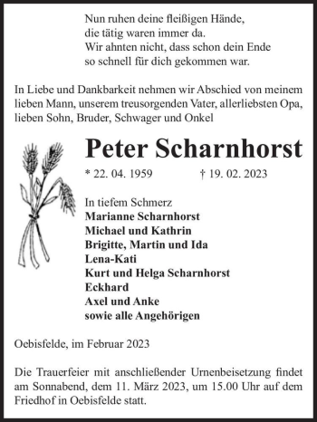 Traueranzeige von Peter Scharnhorst  von Magdeburger Volksstimme