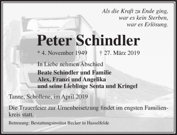 Traueranzeige von Peter Schindler  von Magdeburger Volksstimme