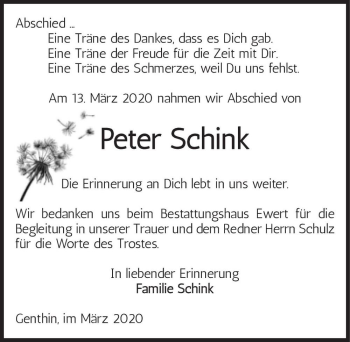 Traueranzeige von Peter Schink  von Magdeburger Volksstimme
