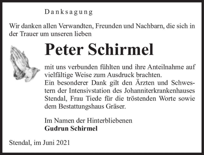  Traueranzeige für Peter Schirmel  vom 22.06.2021 aus Magdeburger Volksstimme