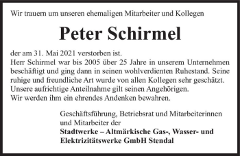 Traueranzeige von Peter Schirmel  von Magdeburger Volksstimme