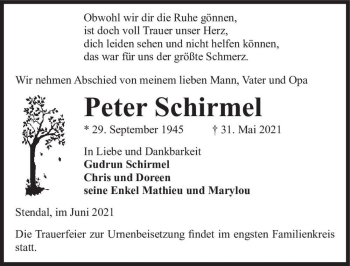 Traueranzeige von Peter Schirmel  von Magdeburger Volksstimme