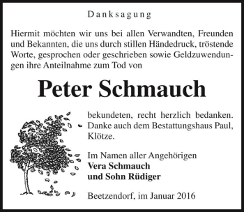 Traueranzeige von Peter Schmauch  von Magdeburger Volksstimme