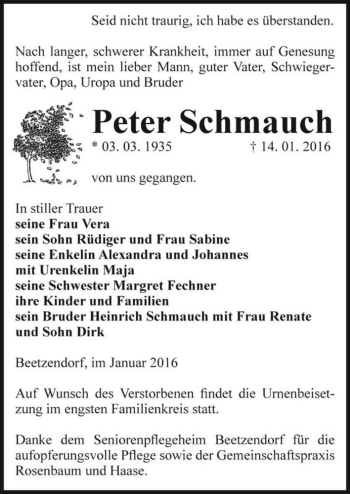 Traueranzeige von Peter Schmauch  von Magdeburger Volksstimme