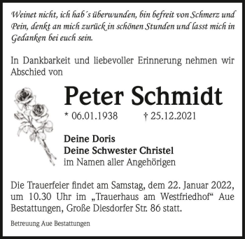 Traueranzeige von Peter Schmidt  von Magdeburger Volksstimme