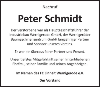 Traueranzeige von Peter Schmidt  von Magdeburger Volksstimme