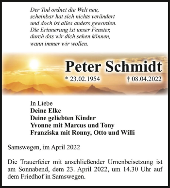 Traueranzeige von Peter Schmidt  von Magdeburger Volksstimme
