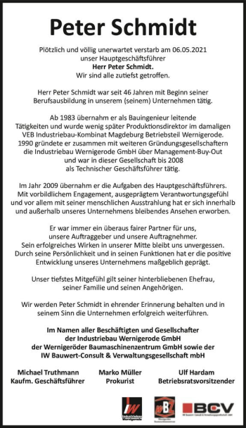 Traueranzeige von Peter Schmidt  von Magdeburger Volksstimme