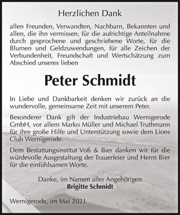 Traueranzeige von Peter Schmidt  von Magdeburger Volksstimme