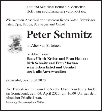 Traueranzeige von Peter Schmitz  von Magdeburger Volksstimme