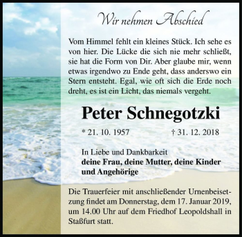 Traueranzeige von Peter Schnegotzki  von Magdeburger Volksstimme