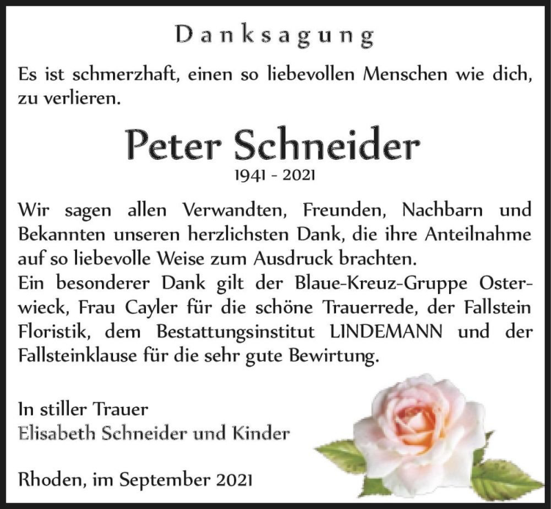  Traueranzeige für Peter Schneider  vom 11.09.2021 aus Magdeburger Volksstimme