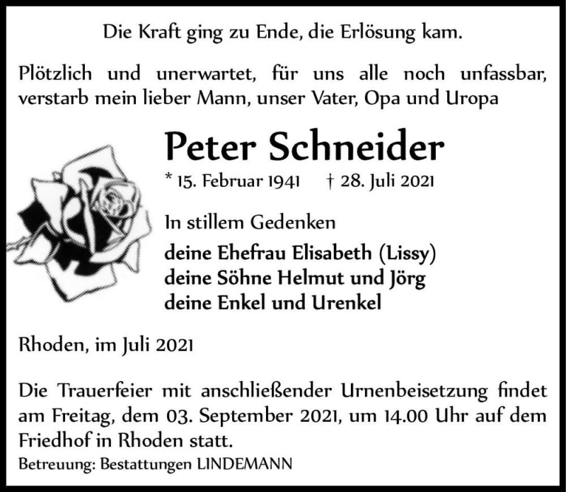  Traueranzeige für Peter Schneider  vom 07.08.2021 aus Magdeburger Volksstimme