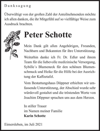 Traueranzeige von Peter Schotte  von Magdeburger Volksstimme