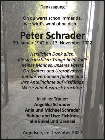 Traueranzeige von Peter Schrader  von Magdeburger Volksstimme