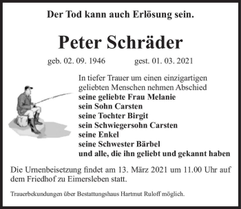 Traueranzeige von Peter Schräder  von Magdeburger Volksstimme