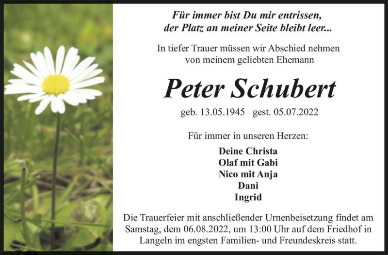  Traueranzeige für Peter Schubert  vom 15.07.2022 aus Magdeburger Volksstimme