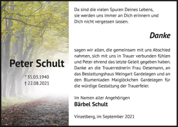 Traueranzeige von Peter Schult  von Magdeburger Volksstimme