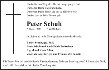 Traueranzeige von Peter Schult  von Magdeburger Volksstimme