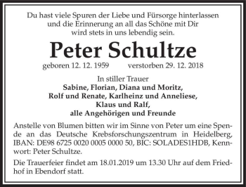 Traueranzeige von Peter Schultze  von Magdeburger Volksstimme