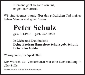 Traueranzeige von Peter Schulz  von Magdeburger Volksstimme