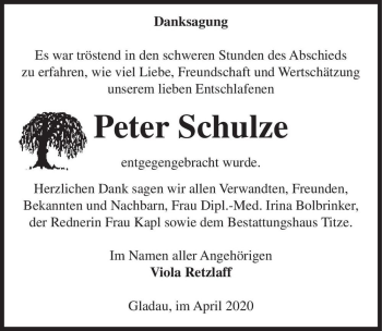 Traueranzeige von Peter Schulze  von Magdeburger Volksstimme