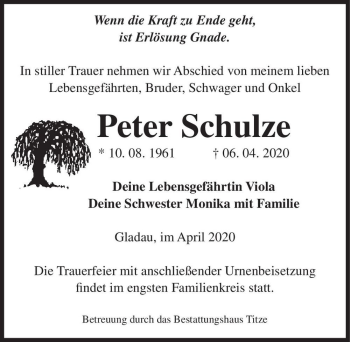 Traueranzeige von Peter Schulze  von Magdeburger Volksstimme