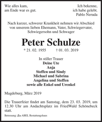 Traueranzeige von Peter Schulze  von Magdeburger Volksstimme