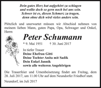 Traueranzeige von Peter Schumann  von Magdeburger Volksstimme