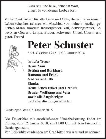 Traueranzeige von Peter Schuster  von Magdeburger Volksstimme
