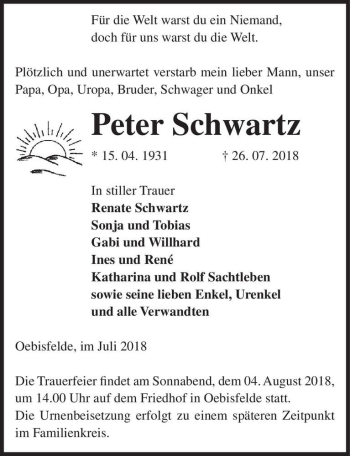 Traueranzeige von Peter Schwarz  von Magdeburger Volksstimme