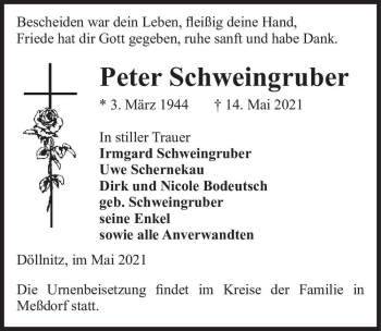 Traueranzeige von Peter Schweingruber  von Magdeburger Volksstimme