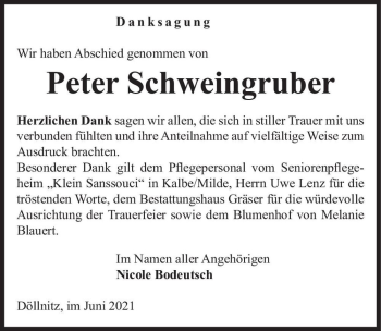 Traueranzeige von Peter Schweingruber  von Magdeburger Volksstimme