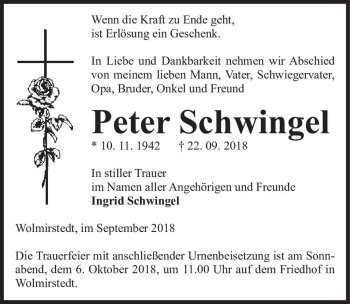 Traueranzeige von Peter Schwingel  von Magdeburger Volksstimme