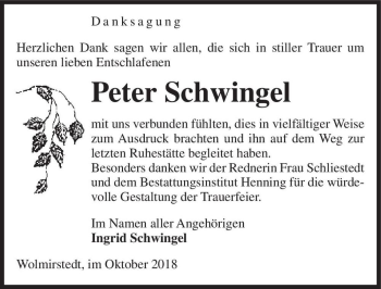 Traueranzeige von Peter Schwingel  von Magdeburger Volksstimme