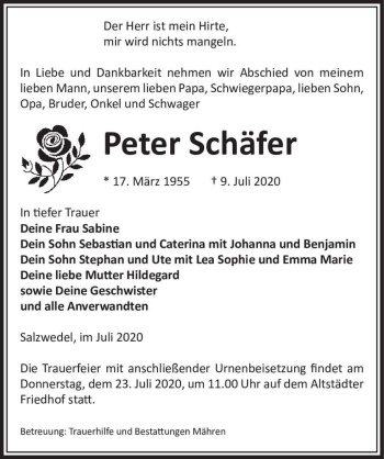 Traueranzeige von Peter Schäfer  von Magdeburger Volksstimme