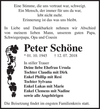 Traueranzeige von Peter Schöne  von Magdeburger Volksstimme
