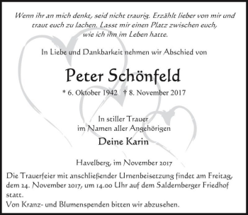 Traueranzeige von Peter Schönfeld  von Magdeburger Volksstimme