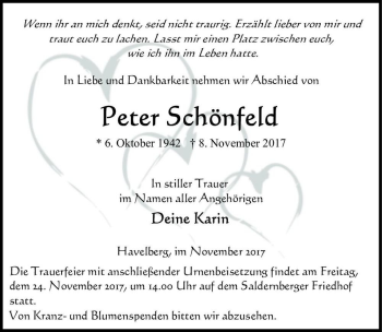 Traueranzeige von Peter Schönfeld  von Magdeburger Volksstimme