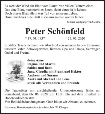 Traueranzeige von Peter Schönfeld  von Magdeburger Volksstimme